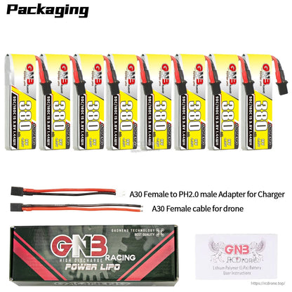 Packaging contents: 8 batteries with GNB box, A30 to PH2.0 charger adapter, and A30 female drone cable