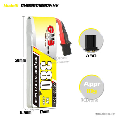 Battery size and connector diagram showing 50mm length, 17mm width, 6.7mm thick, A30, approx 10g