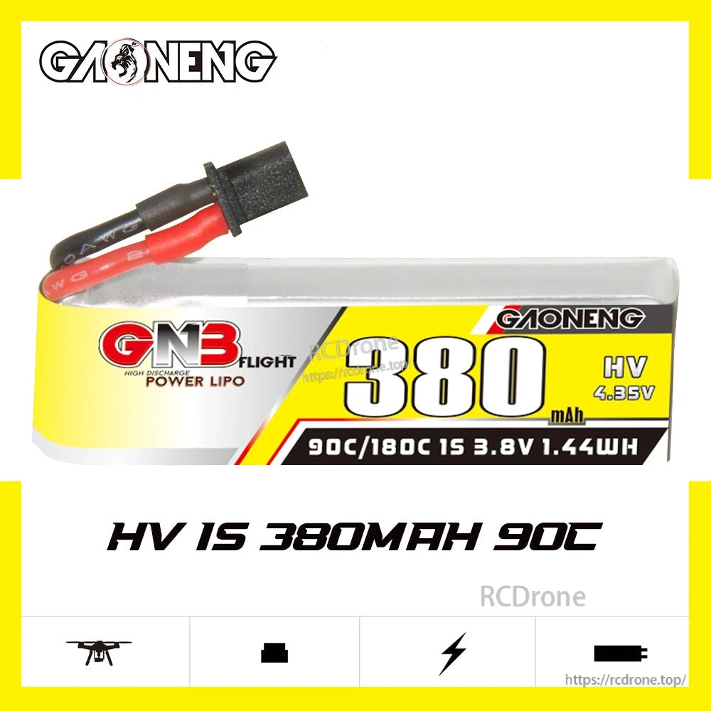 GAONENG GNB380 1S 3.8V 380mAh 90C LiHV battery graphic showing HV 4.35V on label