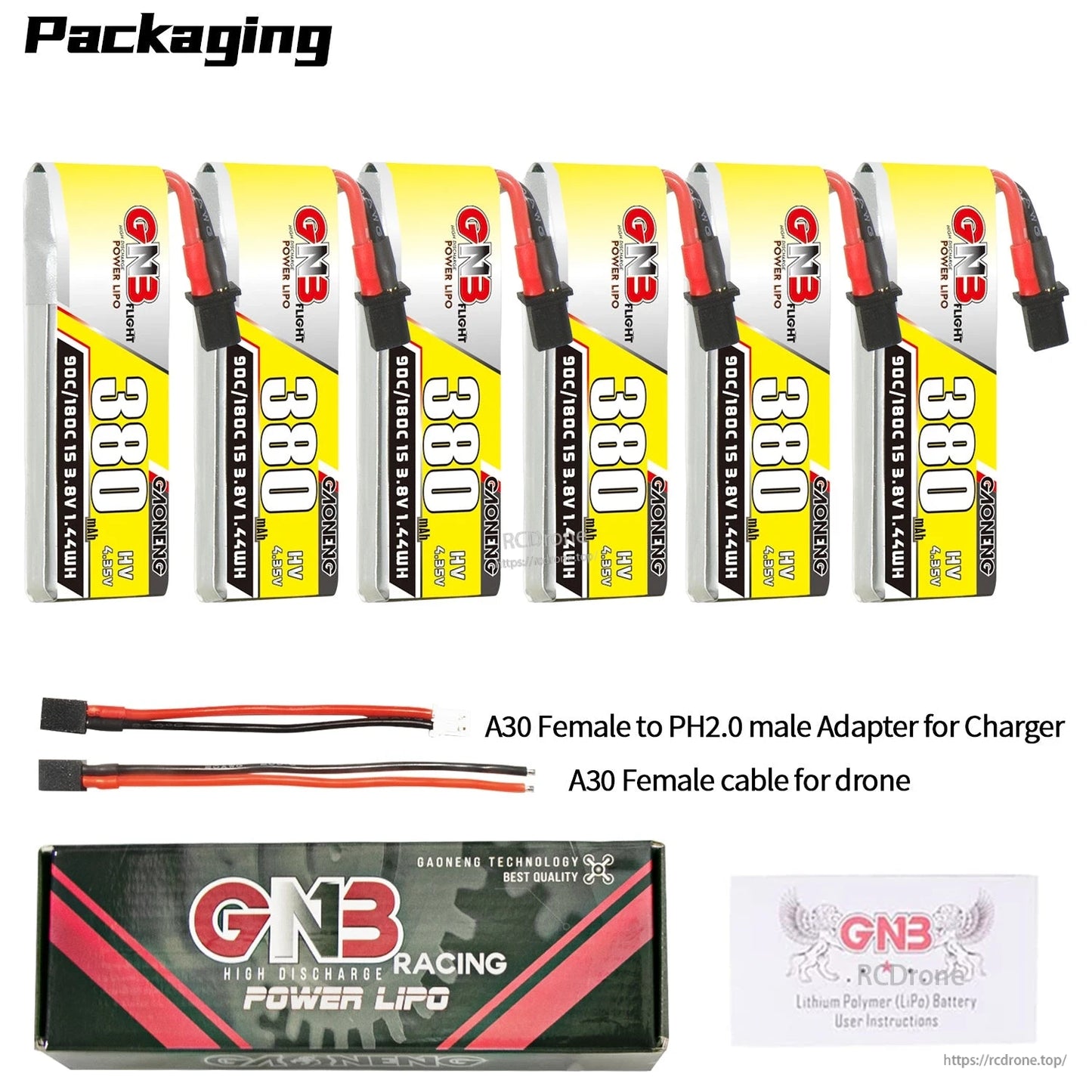 Packaging contents: 6 batteries with GNB box, A30 to PH2.0 charger adapter, and A30 female drone cable