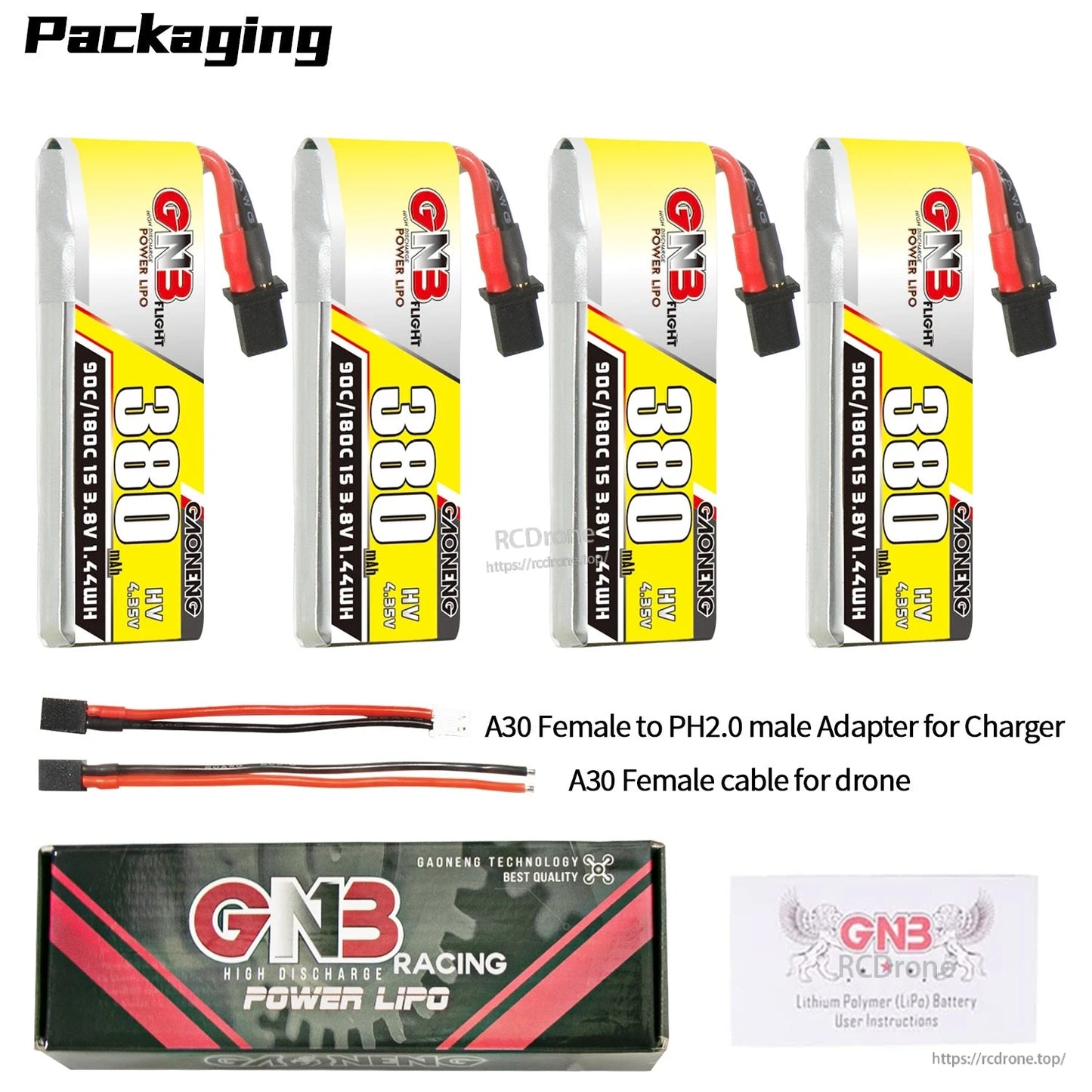 Packaging contents: 4 batteries, GNB box, A30 female to PH2.0 male adapter, and A30 female drone cable