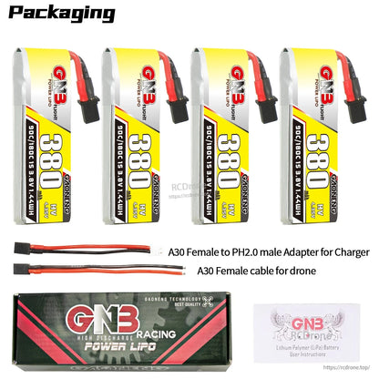 Packaging contents: 4 batteries, GNB box, A30 female to PH2.0 male adapter, and A30 female drone cable
