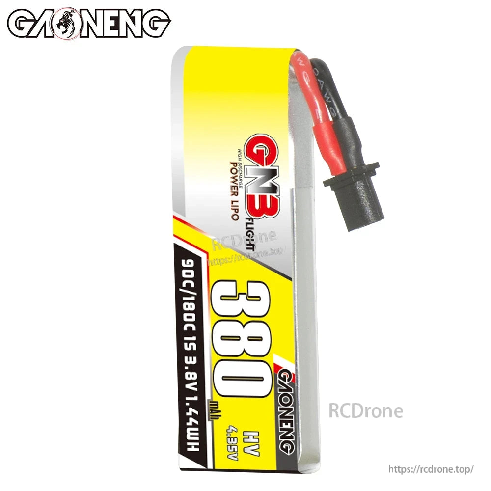 Single battery front view with GN3 Flight 380 label, HV 4.35V marking, and A30 connector lead