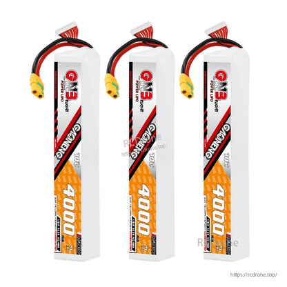 Three-pack display of GNB 4000mAh LiPo batteries with XT90S connectors, front label side