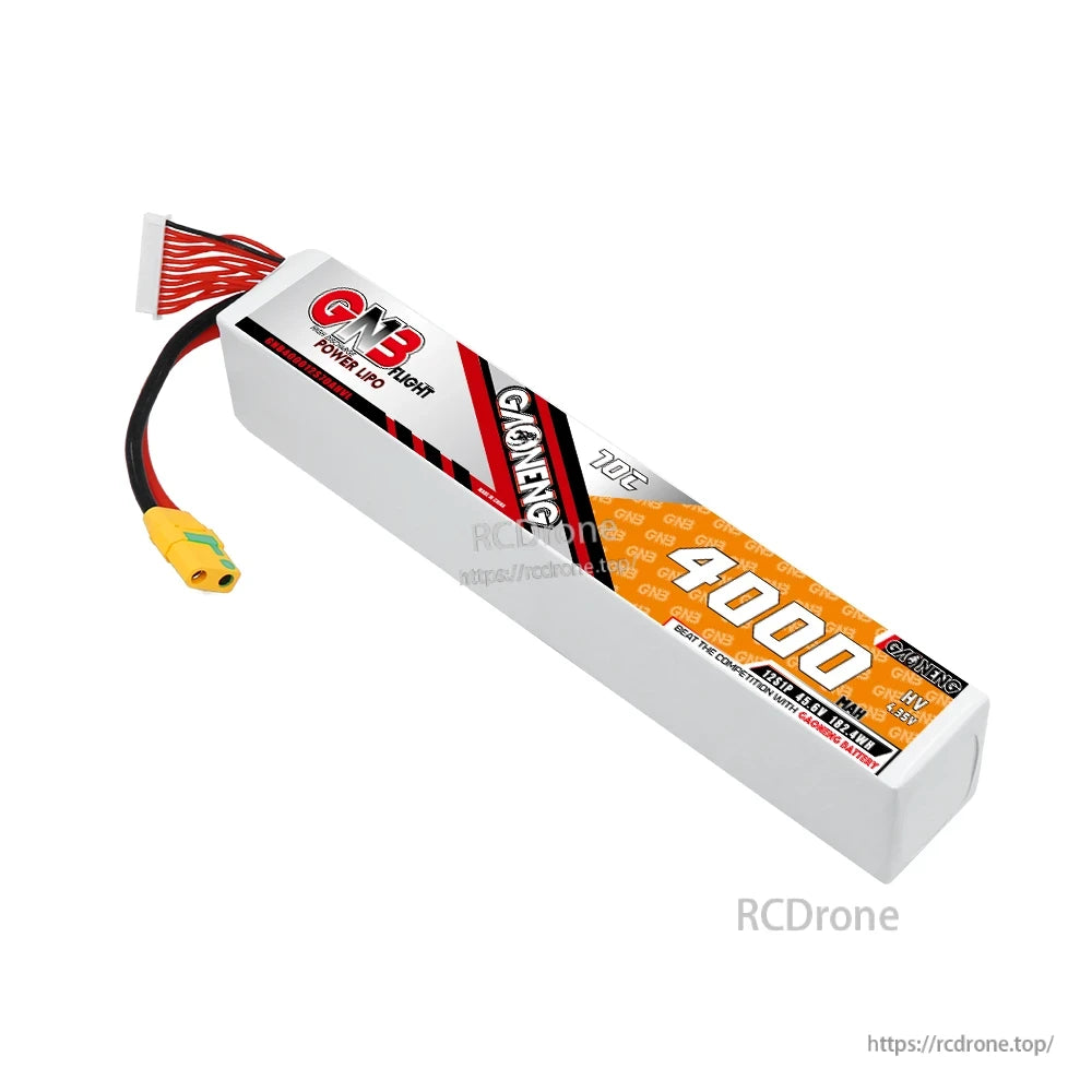 Angled top view of GNB 4000mAh HV LiPo pack showing label panel, discharge lead and balance connector