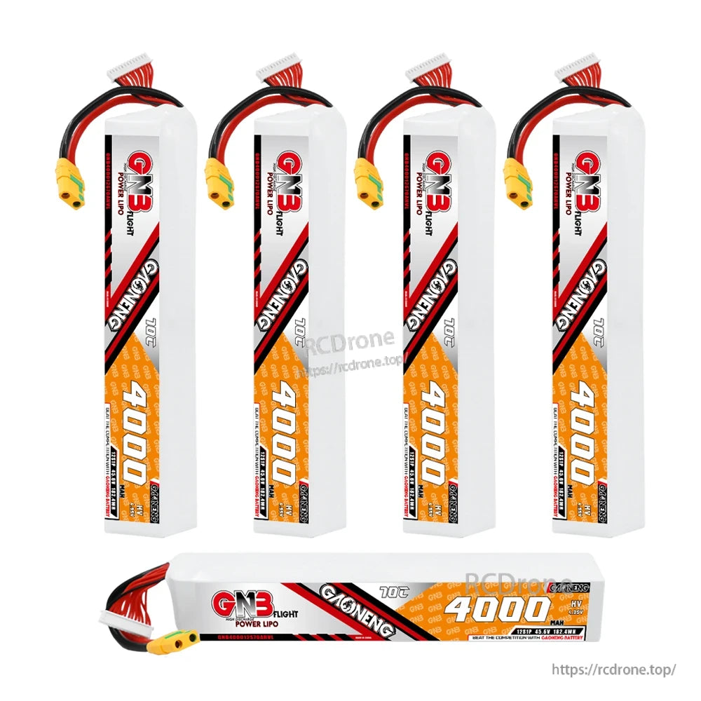 Four batteries plus one horizontal pack shown together, highlighting label side and connector leads