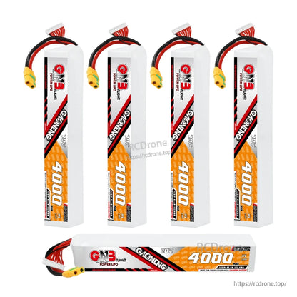 Four batteries plus one horizontal pack shown together, highlighting label side and connector leads
