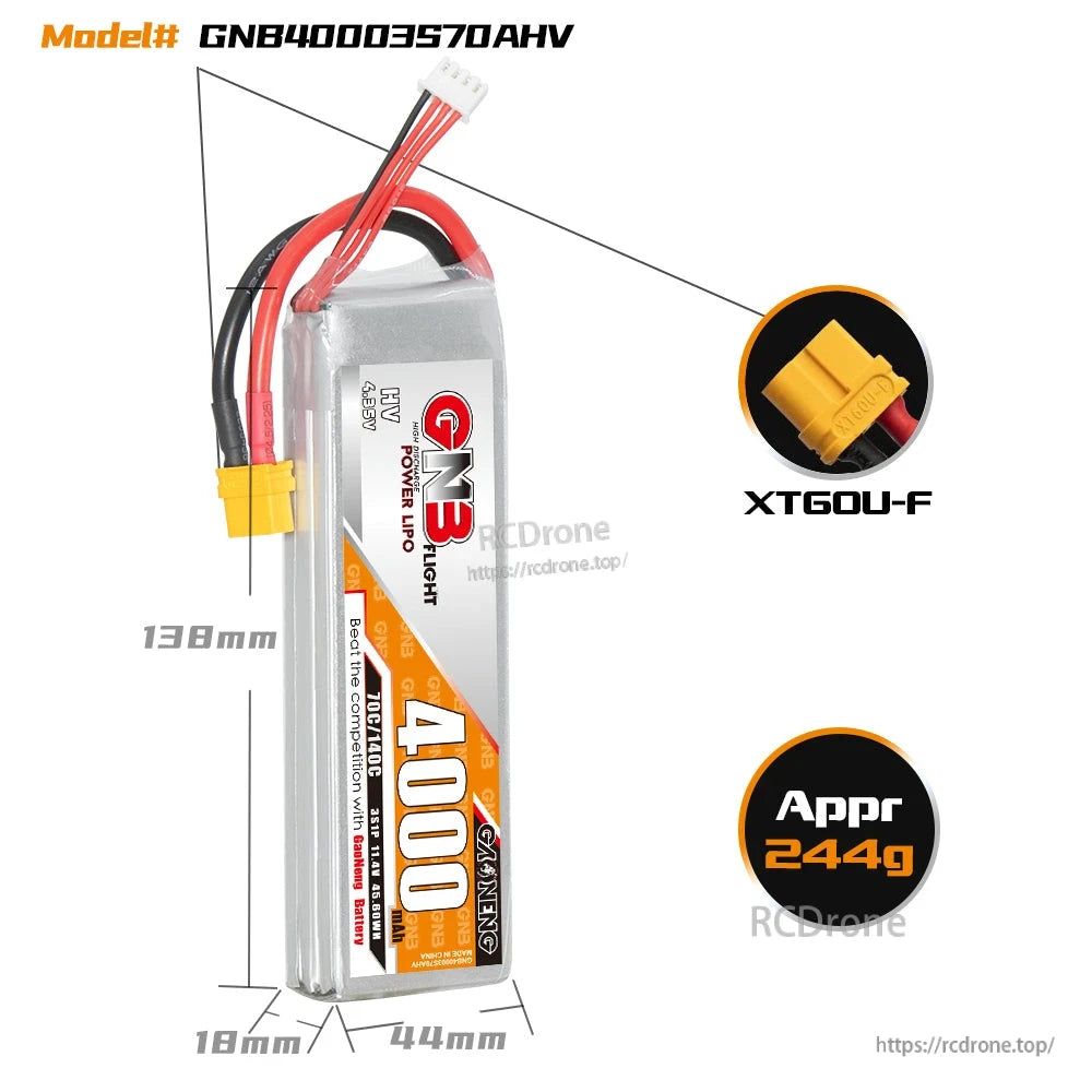 GNB40003S70AHV battery dimensions diagram 138×44×18mm with XT60U-F connector close-up