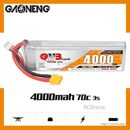 GAONENG GNB 3S 4000mAh 70C LiHV LiPo battery side view with XT60 lead, product spec graphic