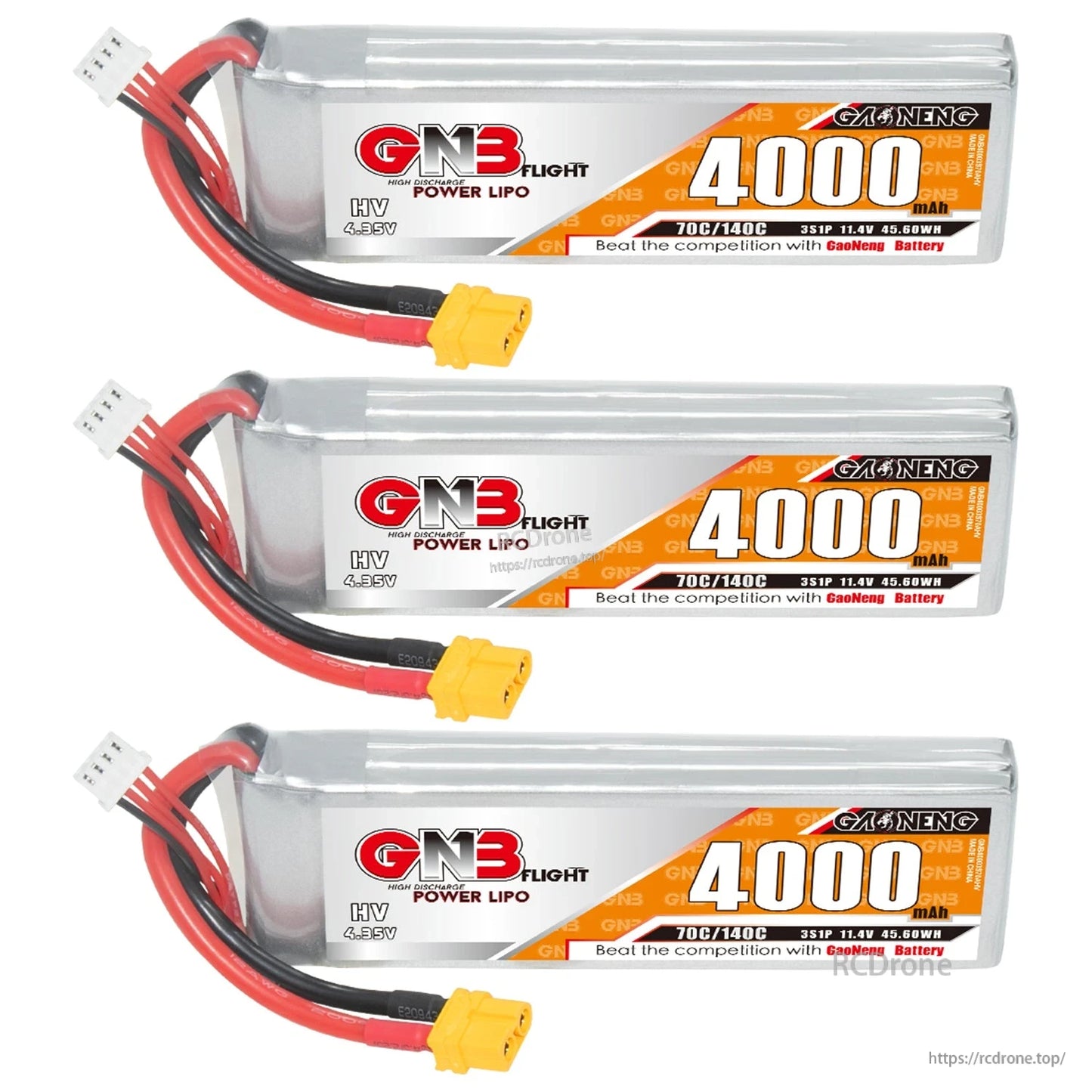 Three GNB 4000mAh LiHV LiPo battery packs shown stacked horizontally with XT60 leads