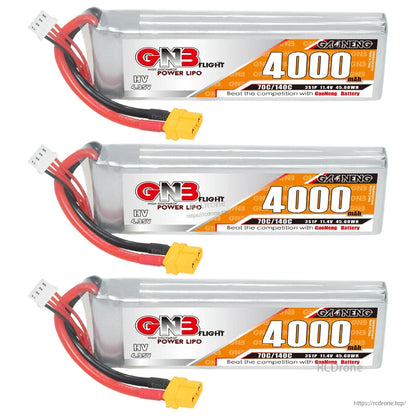 Three GNB 4000mAh LiHV LiPo battery packs shown stacked horizontally with XT60 leads