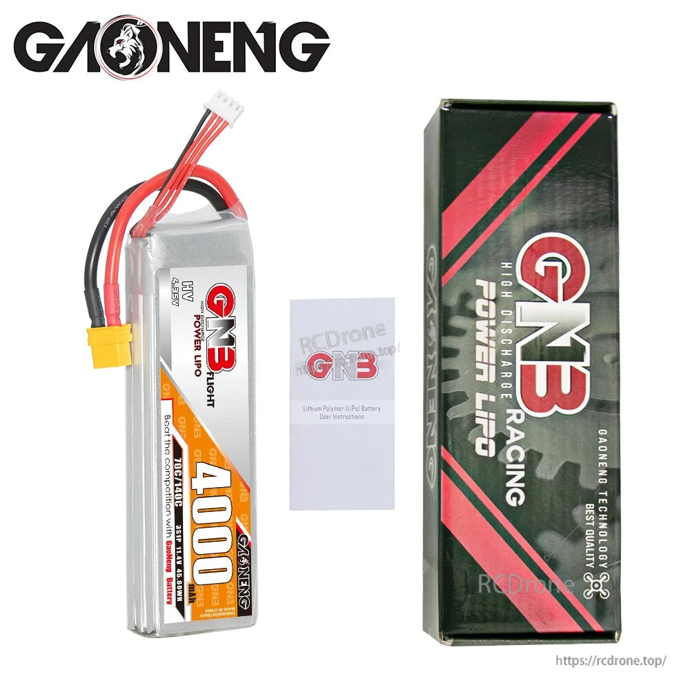 Package contents: GAONENG GNB 4000 battery, GN3 box, and instruction leaflet