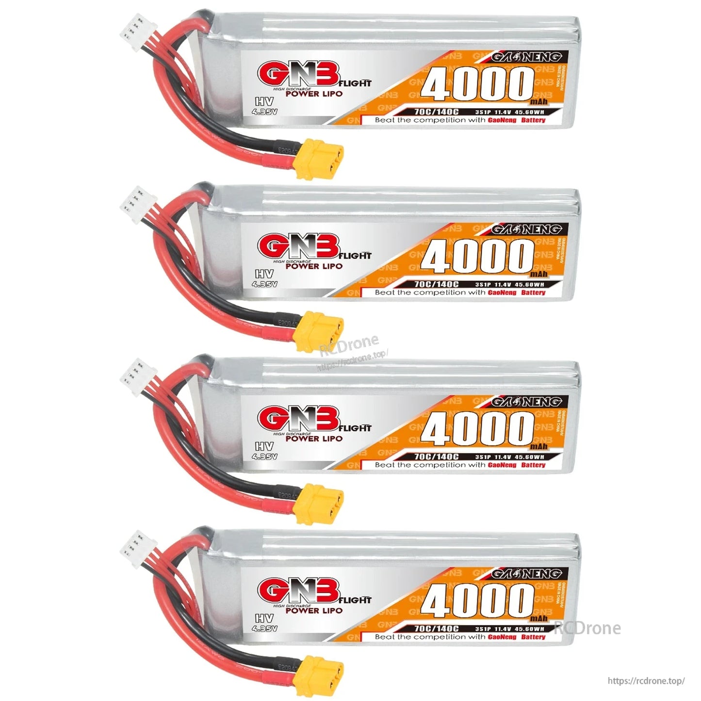 Four GNB 4000mAh LiHV LiPo batteries stacked, each with yellow XT60 connector and balance lead