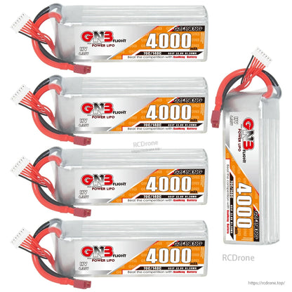 Set of four GNB 4000mAh 6S LiHV batteries plus one upright battery to show thickness and wiring
