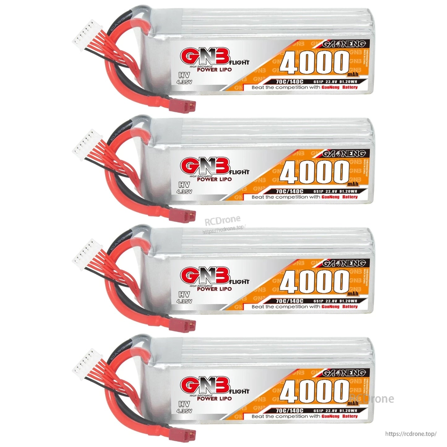 Four GAONENG GNB 4000mAh LiHV 6S batteries arranged in a stack, labels visible with T-plug leads