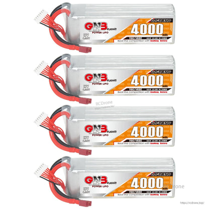 Four GAONENG GNB 4000mAh LiHV 6S batteries arranged in a stack, labels visible with T-plug leads