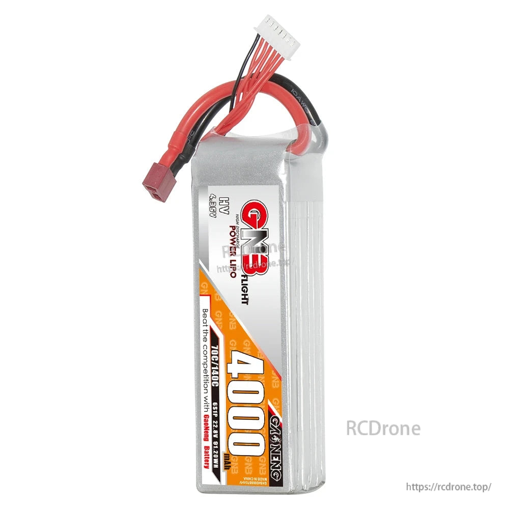 Side view of GAONENG GNB 6S 4000mAh LiHV battery standing upright with T-plug and balance lead