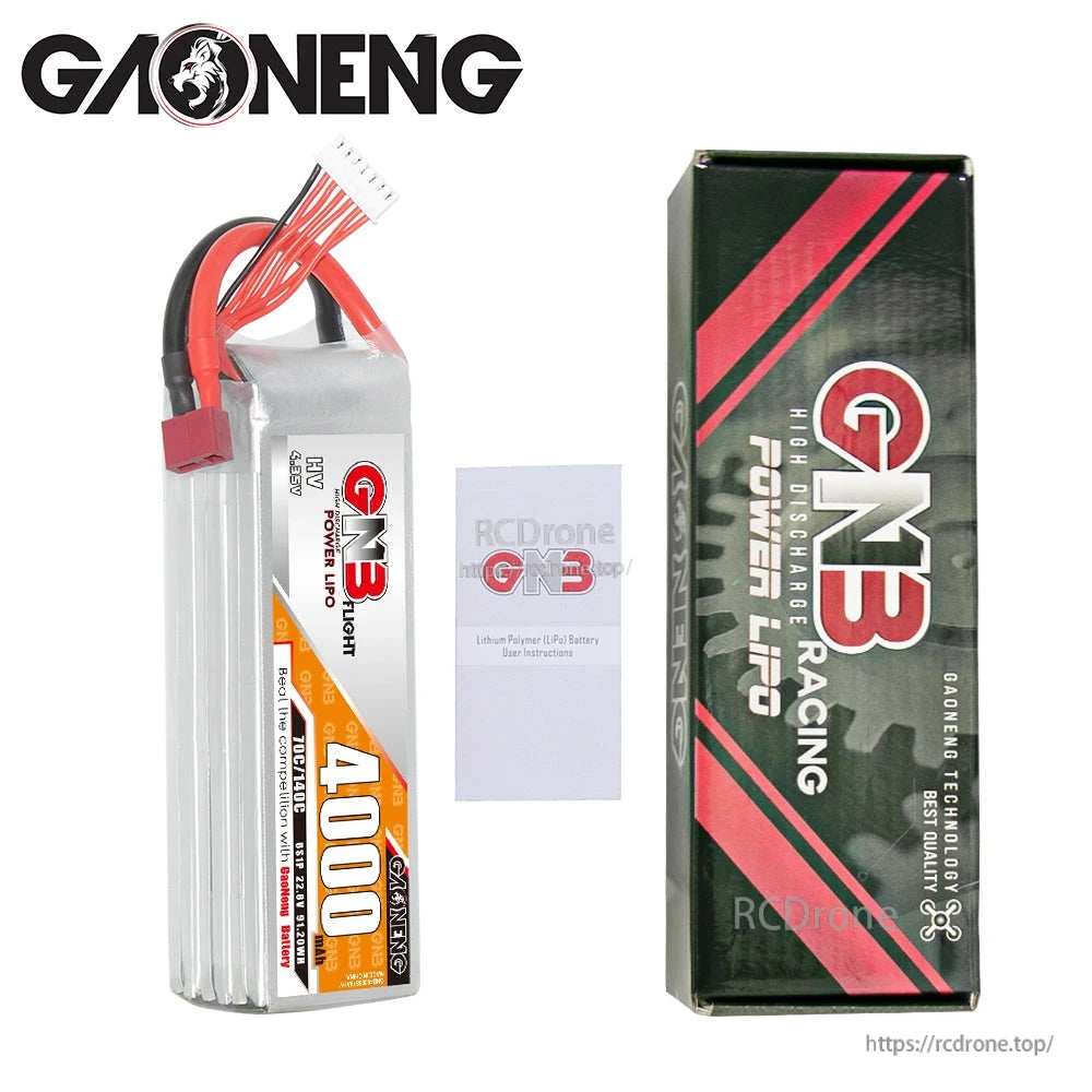Package contents: GAONENG GNB 4000mAh battery, retail box, and instruction leaflet shown together