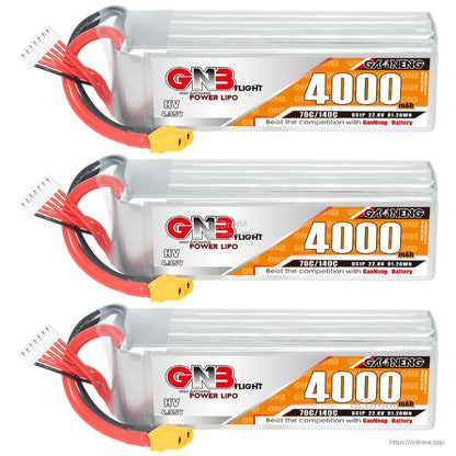 Three GNB 4000mAh LiHV 6S battery packs stacked, showing labels and XT60 connectors