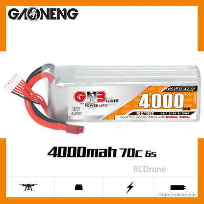 GAONENG GNB 4000mAh 70C 6S LiHV battery banner image showing side profile and key specs text