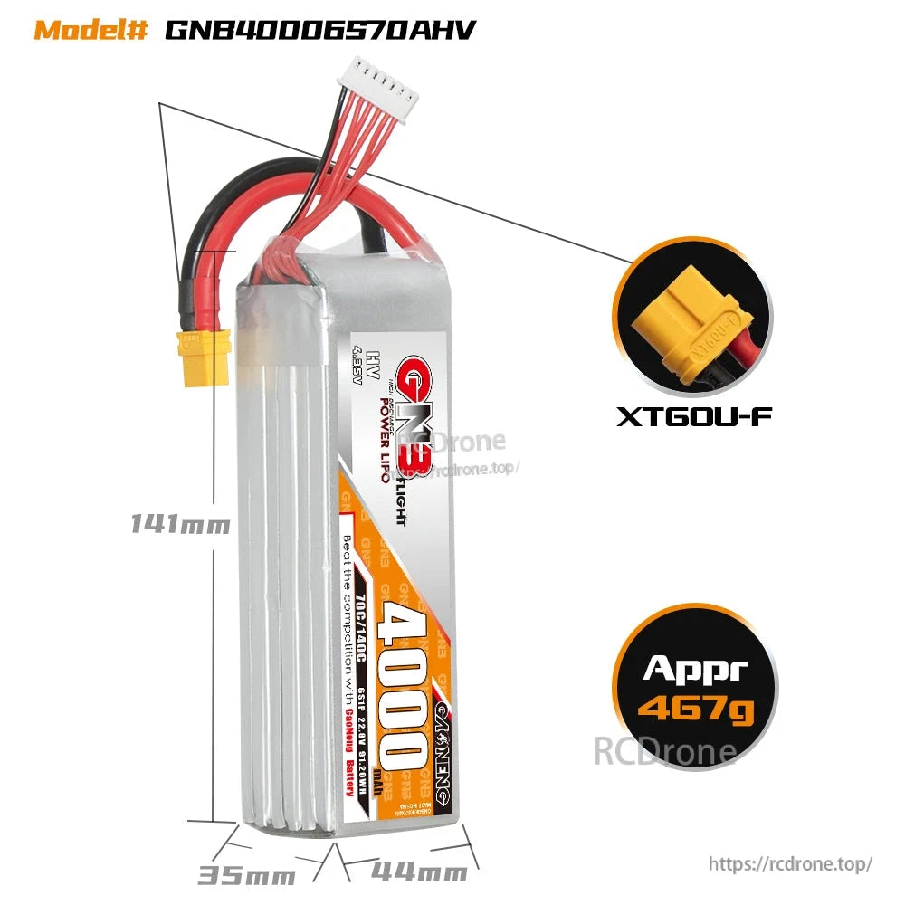 Battery dimensions diagram with XT60U-F connector close-up and approx weight 467g callout