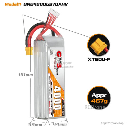 Battery dimensions diagram with XT60U-F connector close-up and approx weight 467g callout
