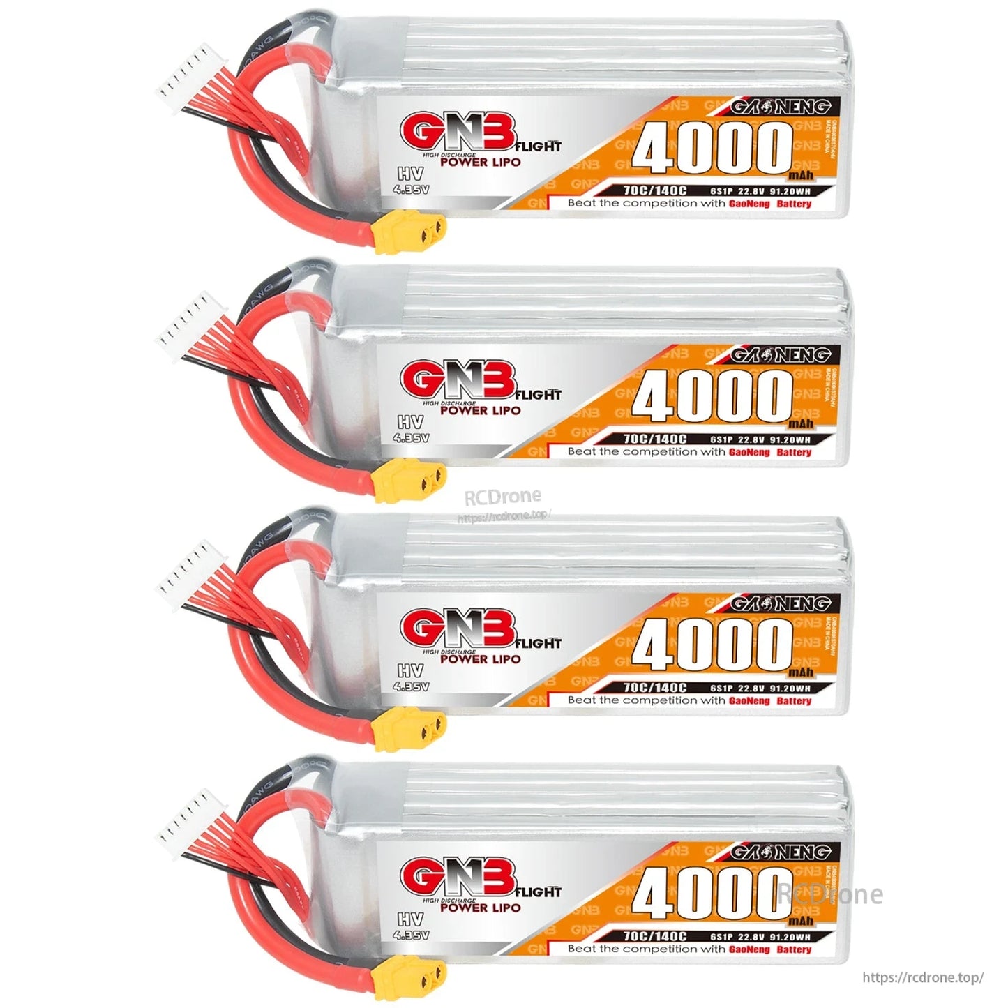 Four GNB 4000mAh battery packs stacked vertically with balance leads and XT60 connectors