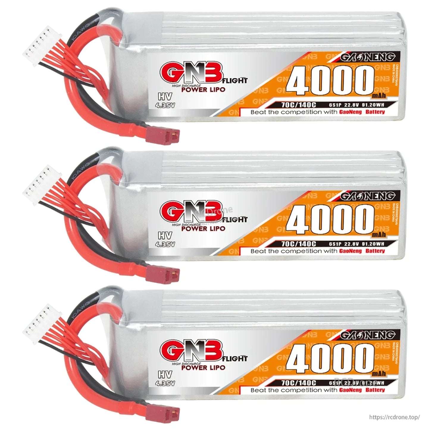 Three GNB 4000mAh LiHV 6S LiPo batteries shown horizontally with labels facing and T-plug leads
