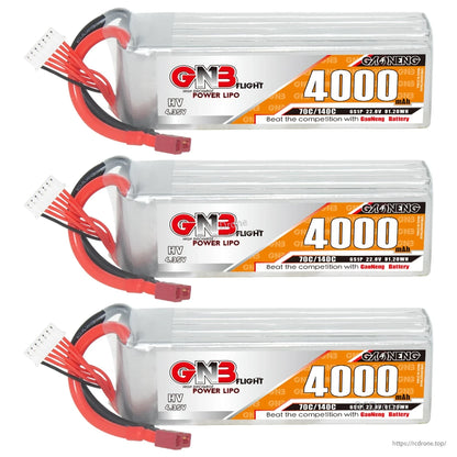 Three GNB 4000mAh LiHV 6S LiPo batteries shown horizontally with labels facing and T-plug leads