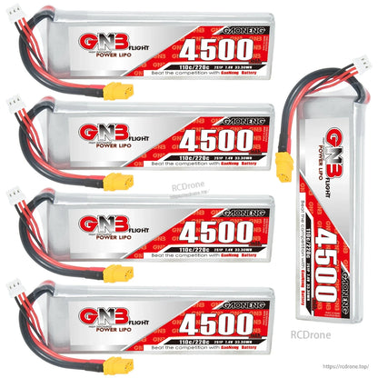 Four GAONENG 4500mAh LiPo batteries plus one upright pack showing side label and lead routing