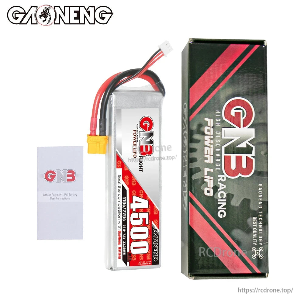 Package contents: GAONENG 4500mAh LiPo battery, GN3 box packaging, and user leaflet