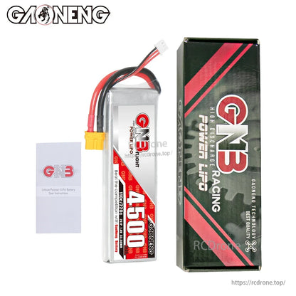 Package contents: GAONENG 4500mAh LiPo battery, GN3 box packaging, and user leaflet