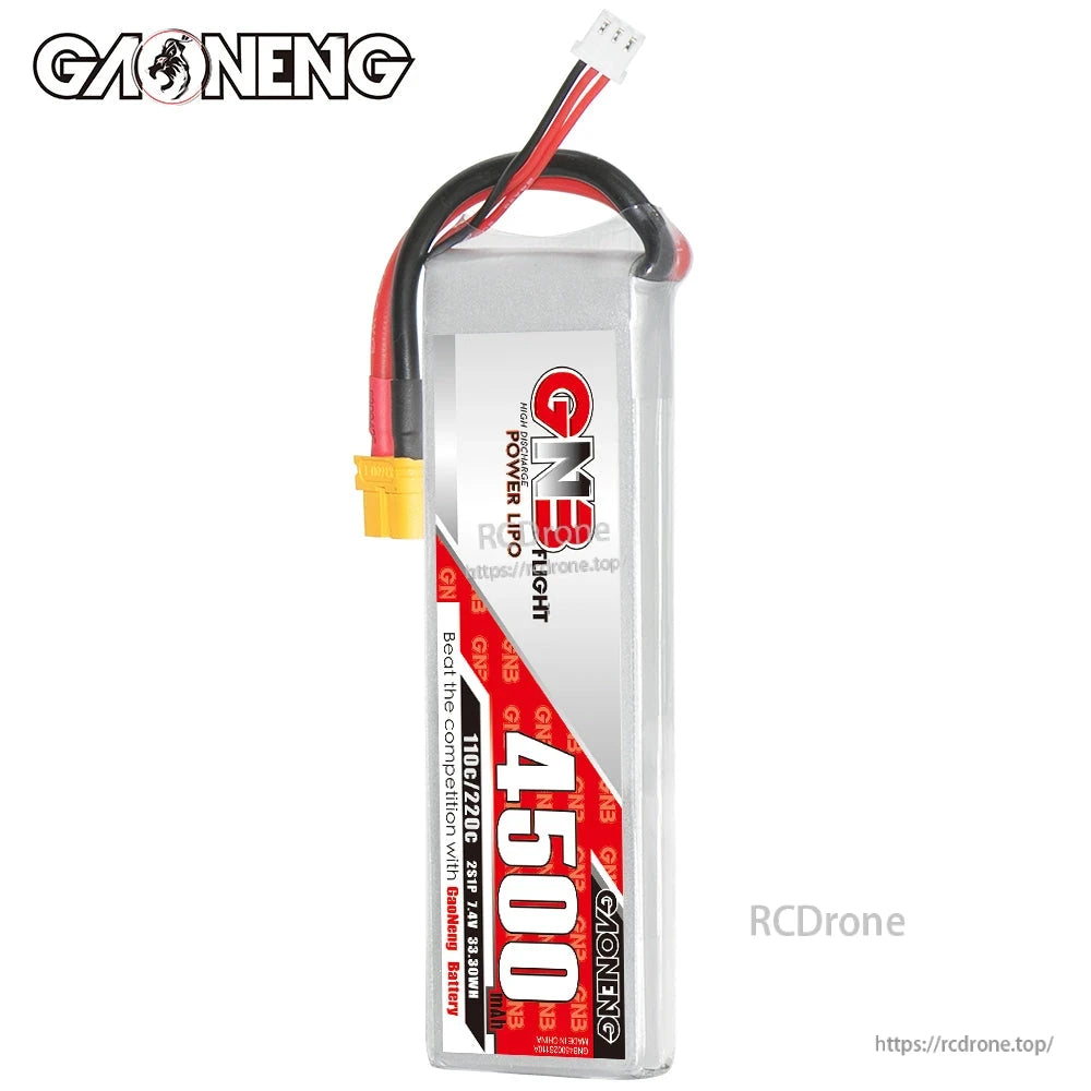 Front label view of GAONENG GNB 4500 battery with wires exiting top and XT60 connector