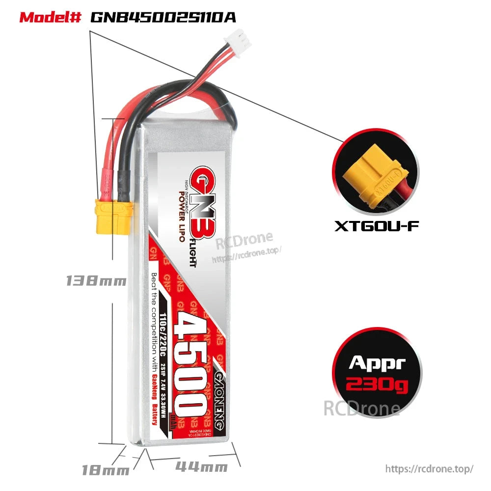 Size and weight diagram for GNB45002S110A battery: 138×44×18 mm, approx 230 g, XT60U-F