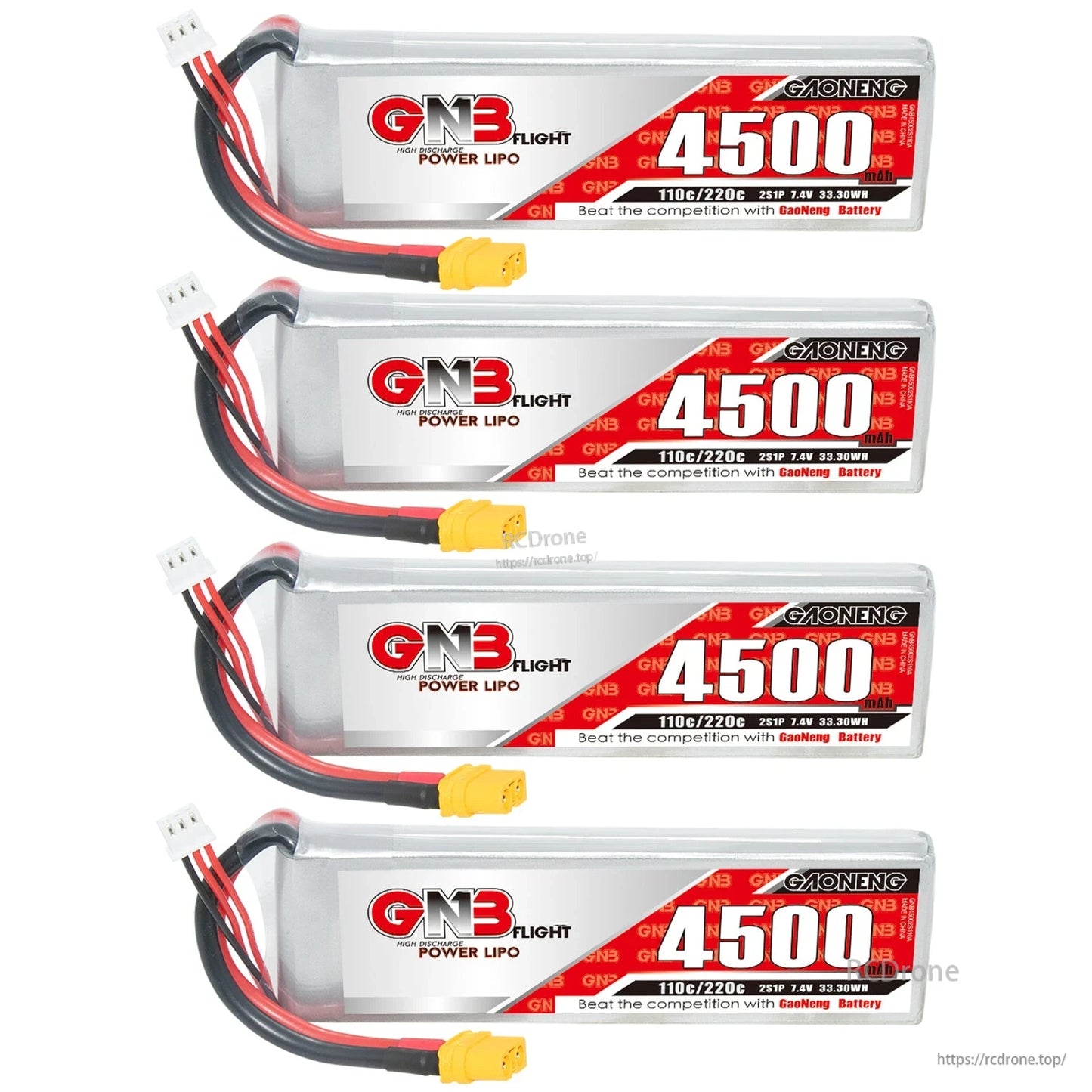Four GAONENG 4500mAh LiPo batteries shown in a vertical stack with XT60 connectors