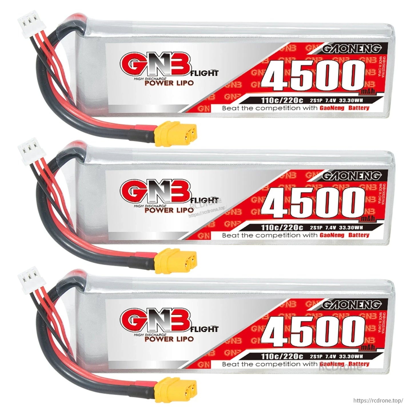 Three GAONENG 4500mAh LiPo batteries stacked, each with XT60 connector and balance lead