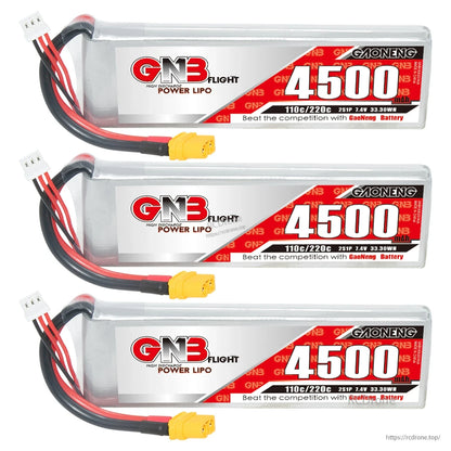 Three GAONENG 4500mAh LiPo batteries stacked, each with XT60 connector and balance lead