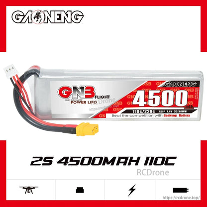 GAONENG GNB 2S 4500mAh 110C LiPo battery product banner showing label and XT60 connector