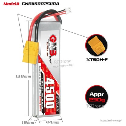 Battery size and connector detail graphic showing 138 x 44 x 18 mm dimensions and XT90H-F plug