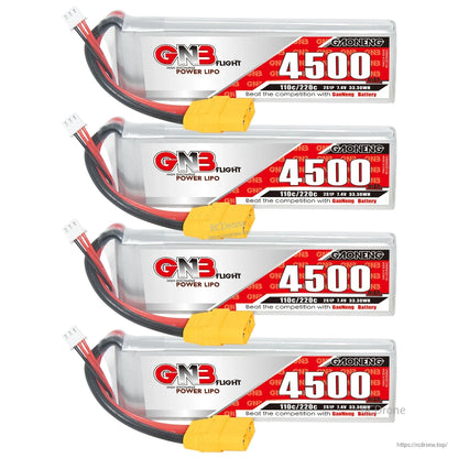 Four GAONENG GNB 4500mAh LiPo batteries stacked horizontally with yellow connectors