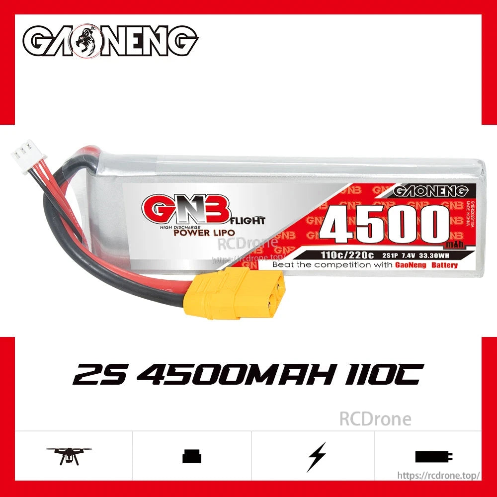 GAONENG GNB45002S110A 2S 7.4V 4500mAh 110C LiPo battery front label view