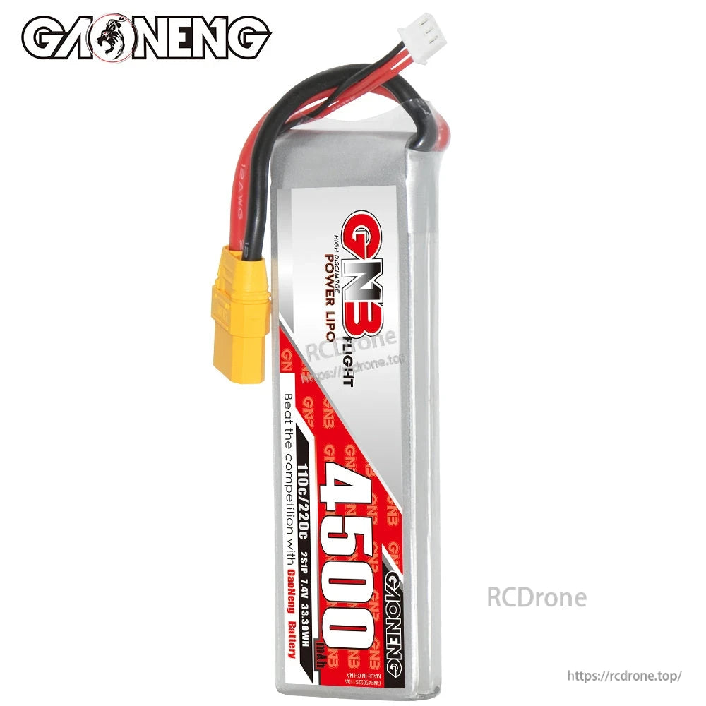 GAONENG 4500mAh 2S LiPo battery upright view with front label, yellow connector, and balance plug