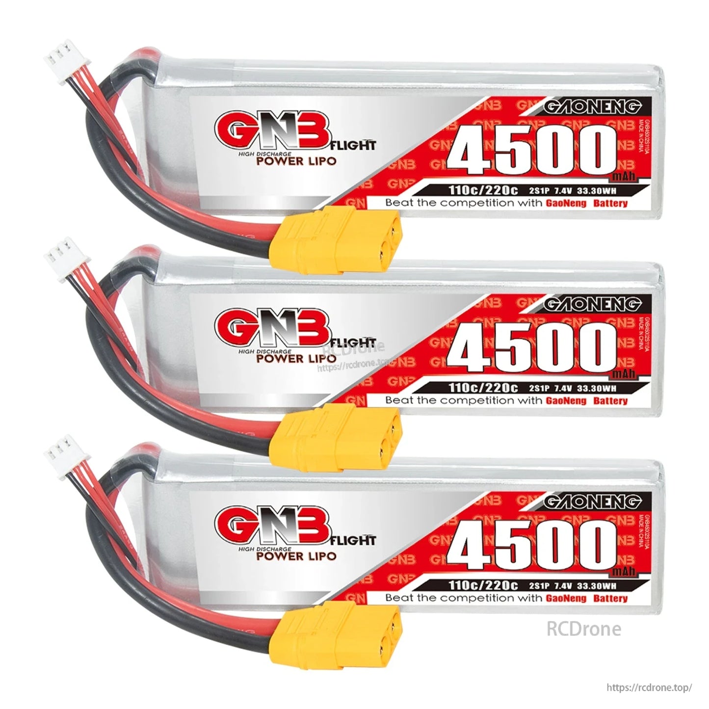 Three GAONENG GNB 4500mAh LiPo batteries stacked horizontally with front labels visible