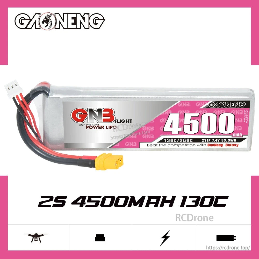 GAONENG GNB45002S130A 2S 4500mAh 130C LiPo battery XT60, label side view on white background