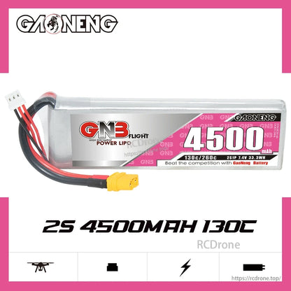 GAONENG GNB45002S130A 2S 4500mAh 130C LiPo battery XT60, label side view on white background