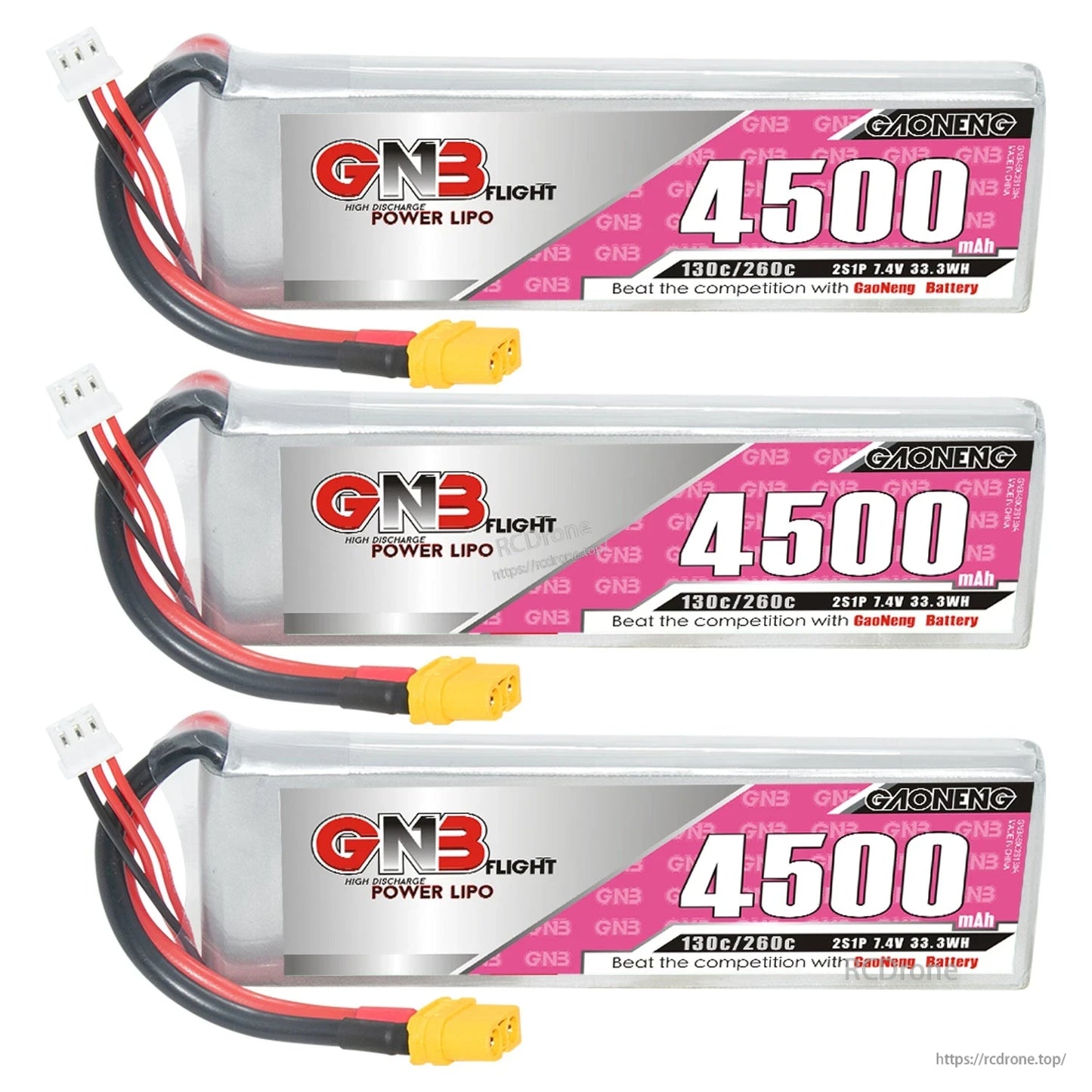 Three GAONENG 4500mAh LiPo batteries aligned, showing GN3 label side and XT60 connectors