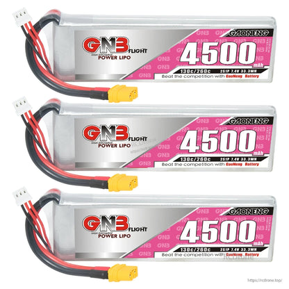 Three GAONENG 4500mAh LiPo batteries aligned, showing GN3 label side and XT60 connectors