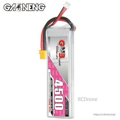End view of GAONENG 4500mAh LiPo pack showing thickness and wires exiting from top