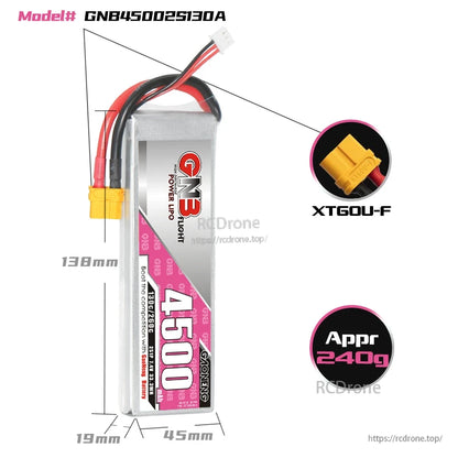 GNB45002S130A battery dimensions diagram 138×45×19mm with XT60U-F connector and approx 240g weight