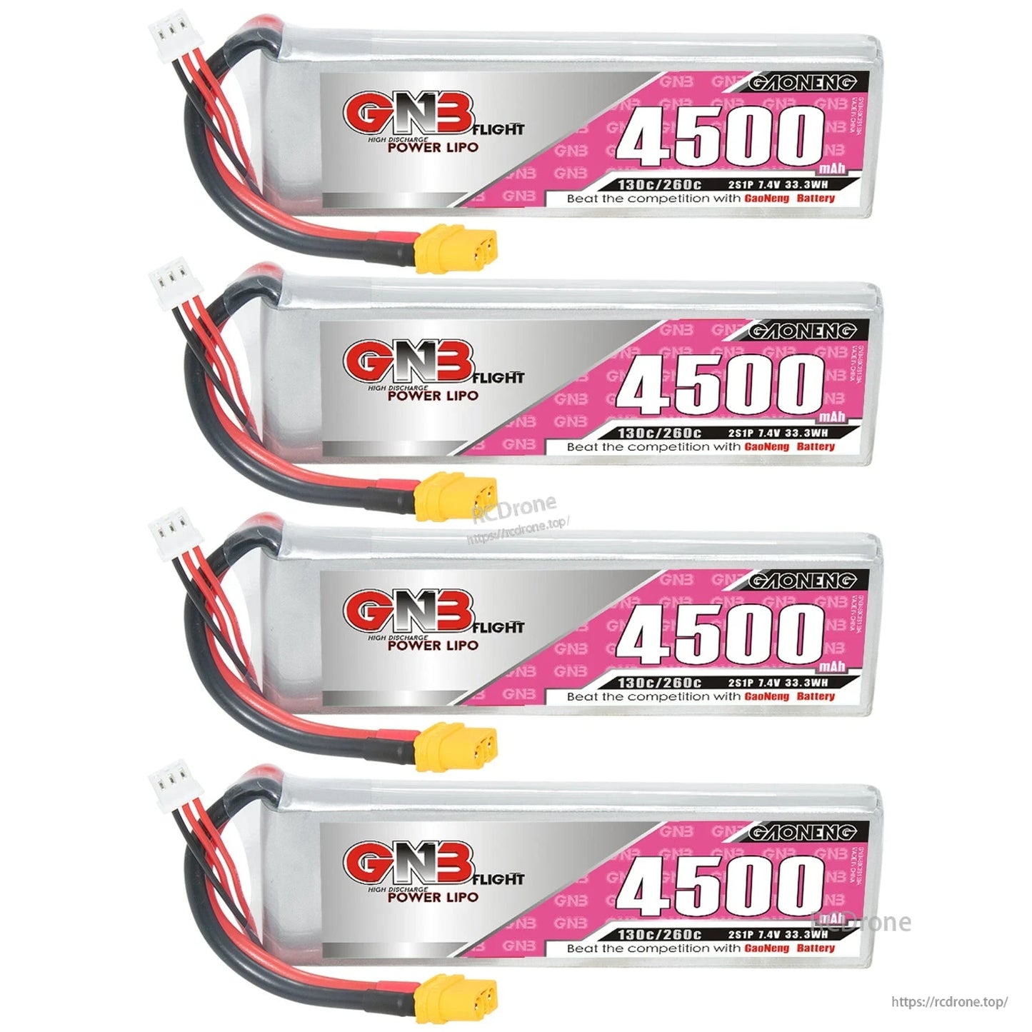 Four GAONENG 4500mAh LiPo batteries stacked, GN3 label side with XT60 connectors visible